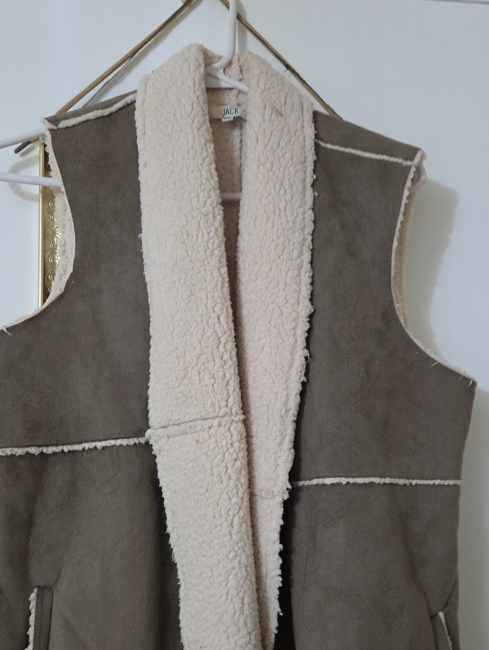 Jack by BB Dakota Olive Faux-Suede Vest with Cream Sherpa Trim